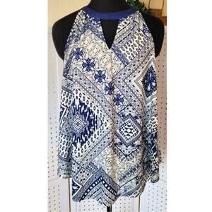 Knapp Studio Sleeveless Top Tunic XL Blue Satin Trim Keyhole Phoebe Buffay Y2K